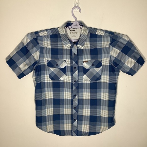 Orvis Mens Classic Collection Short Sleeve Button Up Shirt Blue Plaid Size Large - Picture 2 of 7